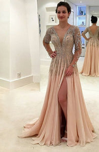 A-Line Deep V-Neck Long Sleeves Split Pink Tulle Backless Prom Dress with Beading Q31