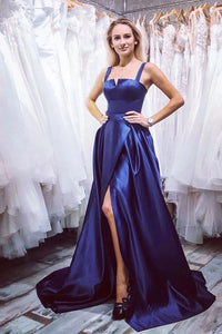 Elegant A Line Halter Sleeveless Side Slit Long Royal Blue Satin Prom Dress Evening Dress OHC345 | Cathyprom