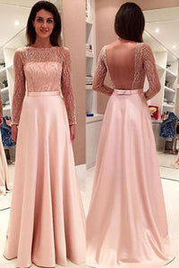 A-line Bateau Long Sleeves Sweep Train Backless Pink Prom Dress with Beading LPD29 | Cathyprom