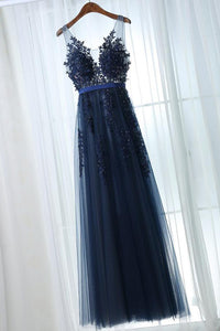 Chic Prom Dresses A-line Dark Navy Sleeveless Appliques Long Tulle Prom Dress/Evening Dress OHC301 | Cathyprom