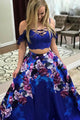 Two Piece Spaghetti Straps Sweep Train Royal Blue Printed Satin Prom Dress with Lace C7
