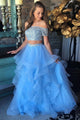 Two Piece Off-the-Shoulder Sweep Train Blue Tulle Prom Dress with Beading Ruffles D19