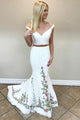Two Piece Mermaid Off-the-Shoulder Sweep Train White Lace Prom Dress with Embroidery L31