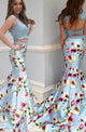 Two Piece Crew Sweep Train Blue Printed Satin Open Back Prom Dress with Appliques Q6