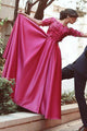 A-line Off the Shoulder Long Sleeves Sweep Train Fuchsia Prom Dress with Appliques D14