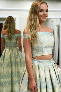 Two Piece Off-the-Shoulder Sweep Train Mint Printed Satin Prom Dress with Pockets C10