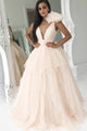 A-Line Deep V-Neck Sweep Train Pearl Pink Striped Tulle Prom Dress with Flower Ruffles Z8