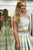 Two Piece Off-the-Shoulder Sweep Train Mint Printed Satin Prom Dress with Pockets C10