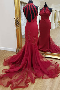 Sparkly Fashion Sheath High Neck Sleeveless Rhinestone Beading Long Satin Prom Dress Evening Dress OHC317 | Cathyprom