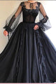 A Line Scoop Neck Long Sleeves Applique Long Tulle Prom Dresses Evening Gowns OHC280 | Cathyprom