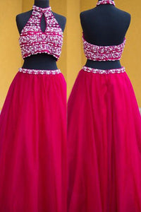 Two Piece A-line Halter Keyhole Floor Length Fuchsia Backless Prom Dress with Pearls P101 | Cathyprom
