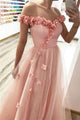 Charming A Line Off the Shoulder Appliques Long Pink Tulle Prom Dress Party Dress OHC531