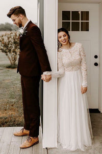 Elegant A-Line Round Neck Long Sleeves Backless Wedding Dress with Lace OHD050 | Cathyprom