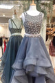 Two Piece A-line Scoop Sleeveless High Low Grey Prom Dress with Beading P97 | Cathyprom