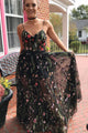 A-Line Spaghetti Straps Floor-Length Black Lace Prom Dress with Appliques LPD81 | Cathyprom