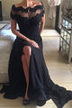 High Quality Off the Shoulder Short Sleeves Split Long Black Prom Dress with Lace Beading LPD47 | Cathyprom