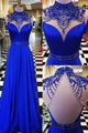A-line High Neck Open Back Sweep Train Royal Blue Prom Dress with Beading P76 | Cathyprom