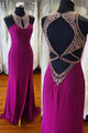 Sheath Jewel Open Back Sweep Train Split Fuchsia Prom Dress with Beading P88 | Cathyprom