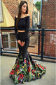 Two Piece Mermaid Off-the-Shoulder Long Sleeves Black Printed Prom Dress LPD22