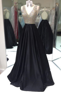 Elegant A-Line/Princess V Neck Sleeveless Open Back Beaded Long Satin Prom Dresses OHC267 | Cathyprom