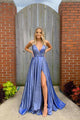 Simple A Line V Neck Sweep Train Sleeveless Sequins Side Slit Long Blue Satin Prom Dress OHC336 | Cathyprom