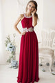 Elegant A line Sleeveless Long Burgundy Chiffon White Flower Lace Prom Dress Formal Dress OHC348 | Cathyprom