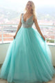 Unique A Line Lace Applique Sleeveless Backless Long Green Tulle Senior Prom Dress OHC360 | Cathyprom