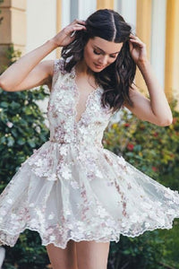 A-Line V-Neck Tulle Short Homecoming Dress with Appliques OHM040 | Cathyprom