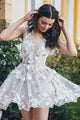 A-Line V-Neck Tulle Short Homecoming Dress with Appliques OHM040 | Cathyprom