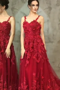 A Line Spaghetti Strap Burgundy Sleeveless Appliques Long Prom Dress OHC173 | Cathyprom