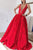 A-line Red Deep V-neck Sleeveless Sweep Train Appliques Prom Dress P62