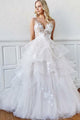 Charming A Line V Neck Sleeveless White Organza Wedding Dresses with Ruffles Appliques OHD109 | Cathyprom