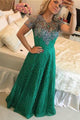 Green Lace Short Sleeves Beading Sweep Train Jewel A-line Prom Dress P69