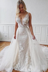 Gorgeous Mermaid Sleeveless Detachable Train White Wedding Dresses with Appliques OHD102 | Cathyprom