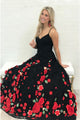 A-Line Spaghetti Straps Sweep Train Black Prom Dress with Flowers LPD20