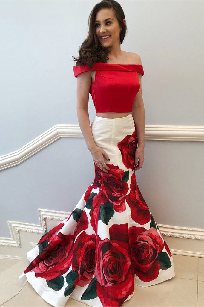 Two Piece Prom Dresses Mermaid Floral Print Long Sleeveless Satin Prom cathyprom Two Piece Prom Dresses Mermaid Floral Print Long Sleeveless Satin Prom cathyprom