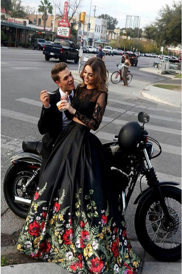 black floral two piece prom dress Two Piece Lace Top Floral Black Long Sleeves Satin Prom Dress with App Promfast
