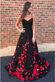 A-Line Spaghetti Straps Sweep Train Black Prom Dress with Flowers LPD20