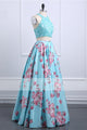 New Fashion Floral Print Flower Two Pieces Long Prom Dresses 2020 LPD3