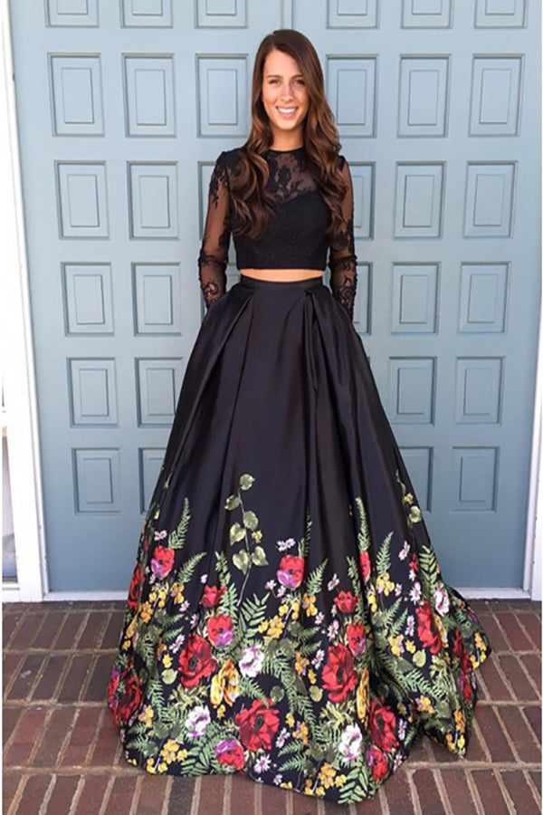 Two Piece Round Neck Long Sleeves Black Floral Satin Prom Dress with L cathyprom Two Piece Round Neck Long Sleeves Black Floral Satin Prom Dress with L cathyprom