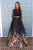 Two Piece Round Neck Long Sleeves Black Floral Satin Prom Dress with Lace Pockets LPD21