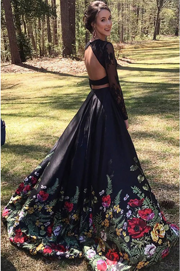 Two Piece Round Neck Long Sleeves Black Floral Satin Prom Dress with L cathyprom Two Piece Round Neck Long Sleeves Black Floral Satin Prom Dress with L cathyprom