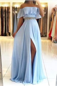 A Line Short Sleeves Blue Chiffon Strapless Long Beaded Waistline Prom Dress Blue Evening Dress OHC375 | Cathyprom