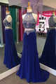 Two Piece Sheath High Neck Illusion Back Long Royal Blue Prom Dress with Beading P81 | Cathyprom