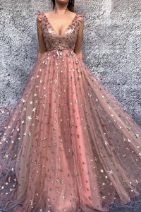 Sparkly Prom Dresses A Line V-neck Floor Length Sleeveless Stars Long Sexy Tulle Prom Dress OHC260 | Cathyprom