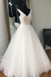 Sparkly Prom Dresses A Line V-neck Sleeveless Rhinestone Long Chic Tulle Prom Dress OHC250 | Cathyprom