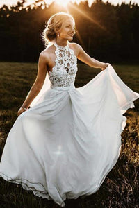 Long A-Line Halter Sleeveless Chiffon Beach Wedding Dress with Lace OHD034 | Cathyprom