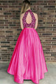 Two Piece High Neck Sweep Train Fuchsia Satin Open Back Prom Dress with Beading Pockets D13