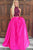 Two Piece High Neck Sweep Train Fuchsia Satin Open Back Prom Dress with Beading Pockets D13