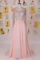 Elegant Bateau Sweep Train Chiffon Blush Long Prom Dress With Long Sleeves LPD72 | Cathyprom